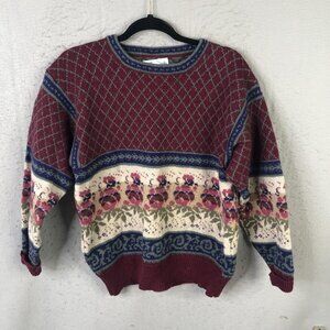 Vintage Deans Sweater Womens Medium Red Wool Floral Fair Isle Knit Pullover